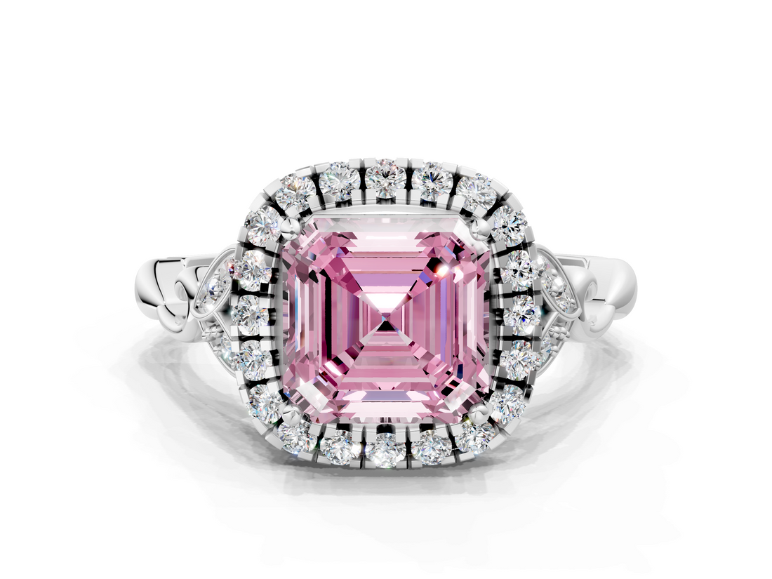 White gold Fancy Pink Asscher  Halo Diamond Engagement Ring with Vintage-Inspired Band and Four-Prong Setting_3