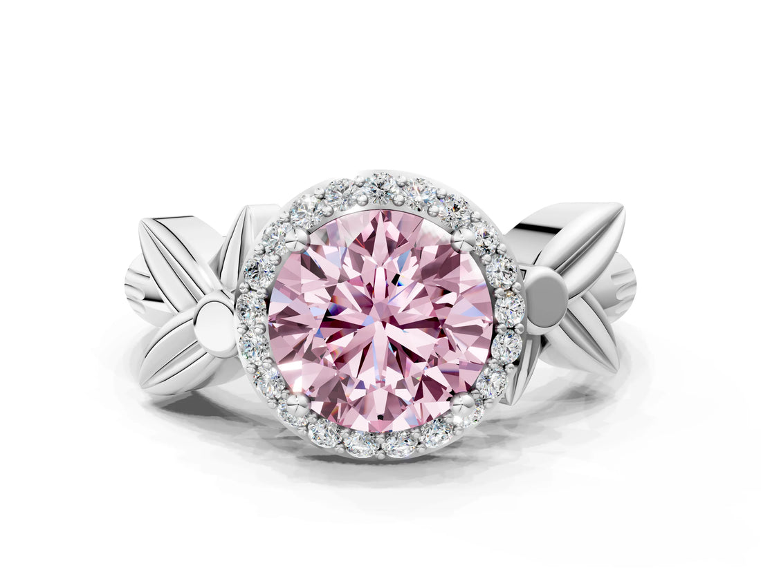 White gold Fancy Pink Asscher  Halo Diamond Floral Band with Four-Prong Setting_59