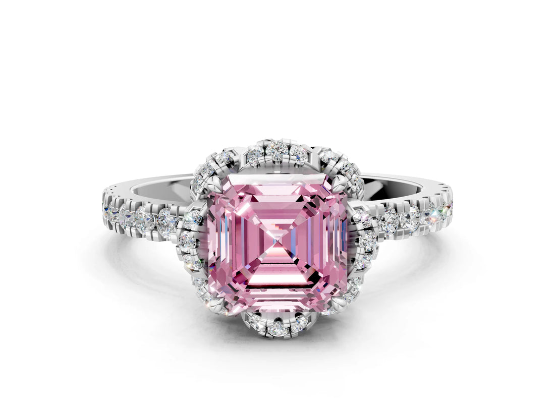 White gold Fancy Pink Asscher  Halo Diamond Pave Band Ring with Four-Prong Setting_15