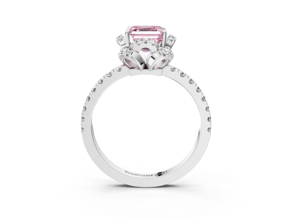 Platinum Asscher Cut Petal Cutout Halo Engagement Ring Setting for Fancy Pink Center