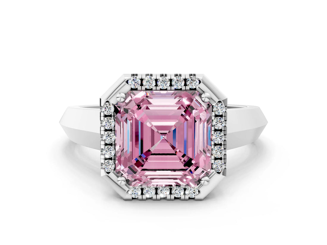 White gold Fancy Pink Asscher  Halo Diamond Ring with Cathedral Band and Four-Prong Setting_46