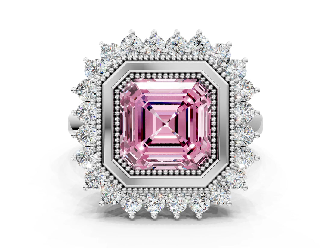 White gold Fancy Pink Asscher  Halo Diamond Ring with Milgrain Edge and Round Prong Setting_89