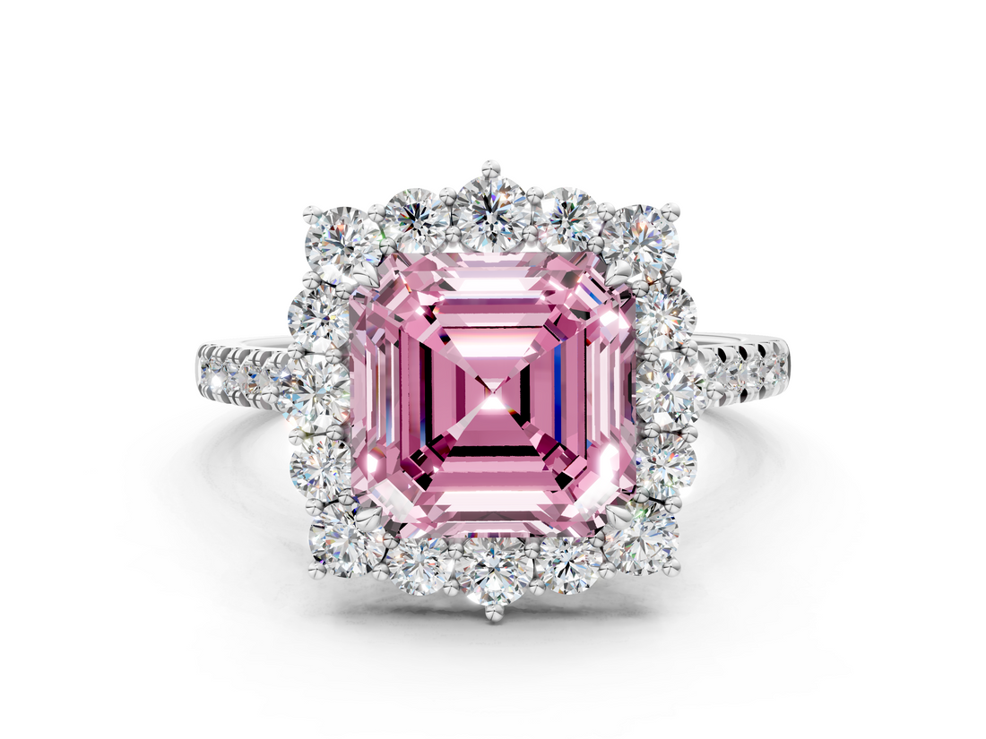 White gold Fancy Pink Asscher  Halo Diamond Ring with Pavé Band and Prong Setting_16