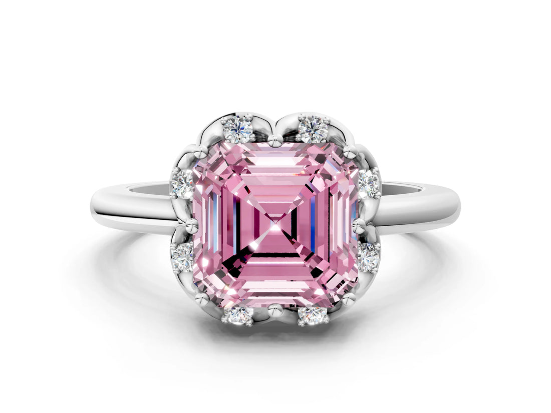 White gold Fancy Pink Asscher  Halo Diamond Ring with Round Cluster Setting, Solitaire Band, and Four-Prong Setting_29
