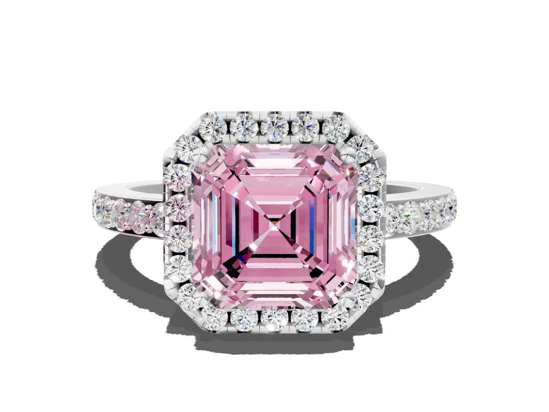 White gold Fancy Pink Asscher  Halo Diamond Solitaire with Pavé Band and Four-Prong Setting_46