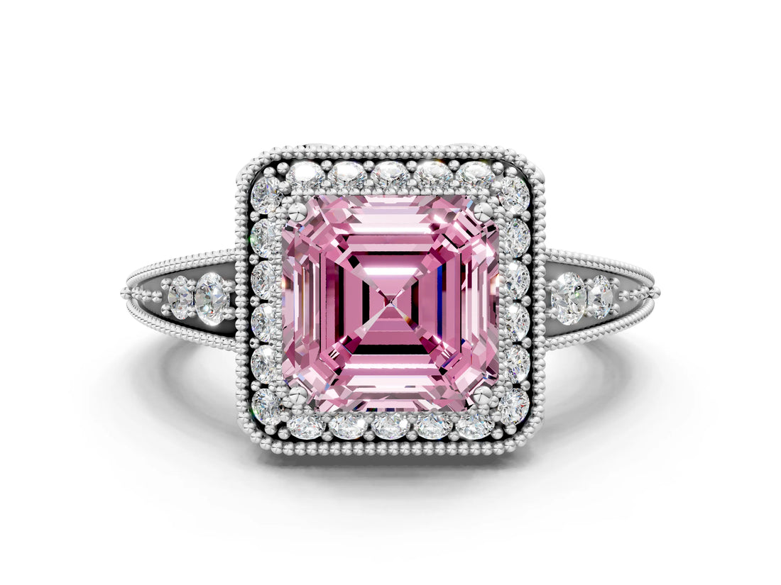 White gold Fancy Pink Asscher  Halo Diamond Split Shank Ring with Milgrain Detail_29