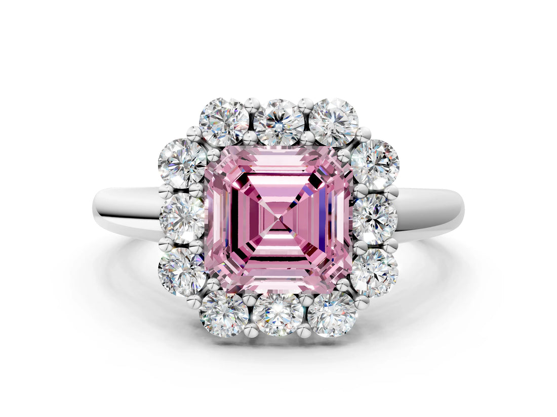 White gold Fancy Pink Asscher  Halo Milgrain Solitaire with Bezel Set Side Stones and Pave Band_32