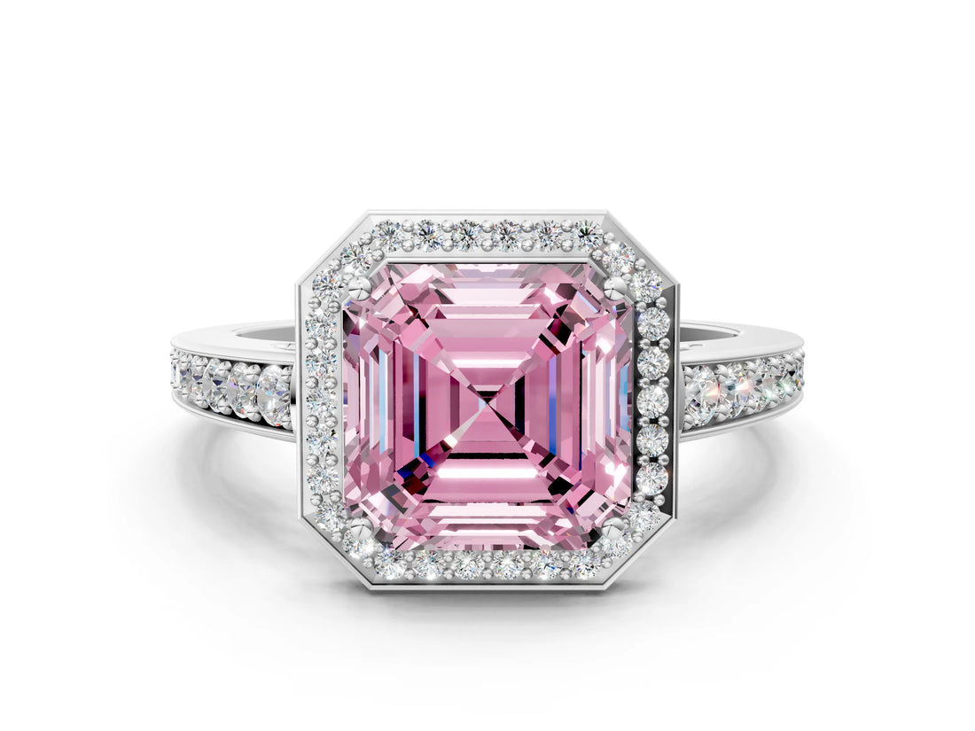 White gold Fancy Pink Asscher  Halo Pavé Diamond Engagement Ring with Bezel Setting_24