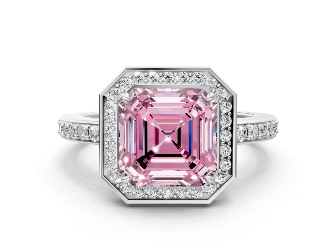 White gold Fancy Pink Asscher  Halo Pave Band Solitaire Ring with Prong Setting_46