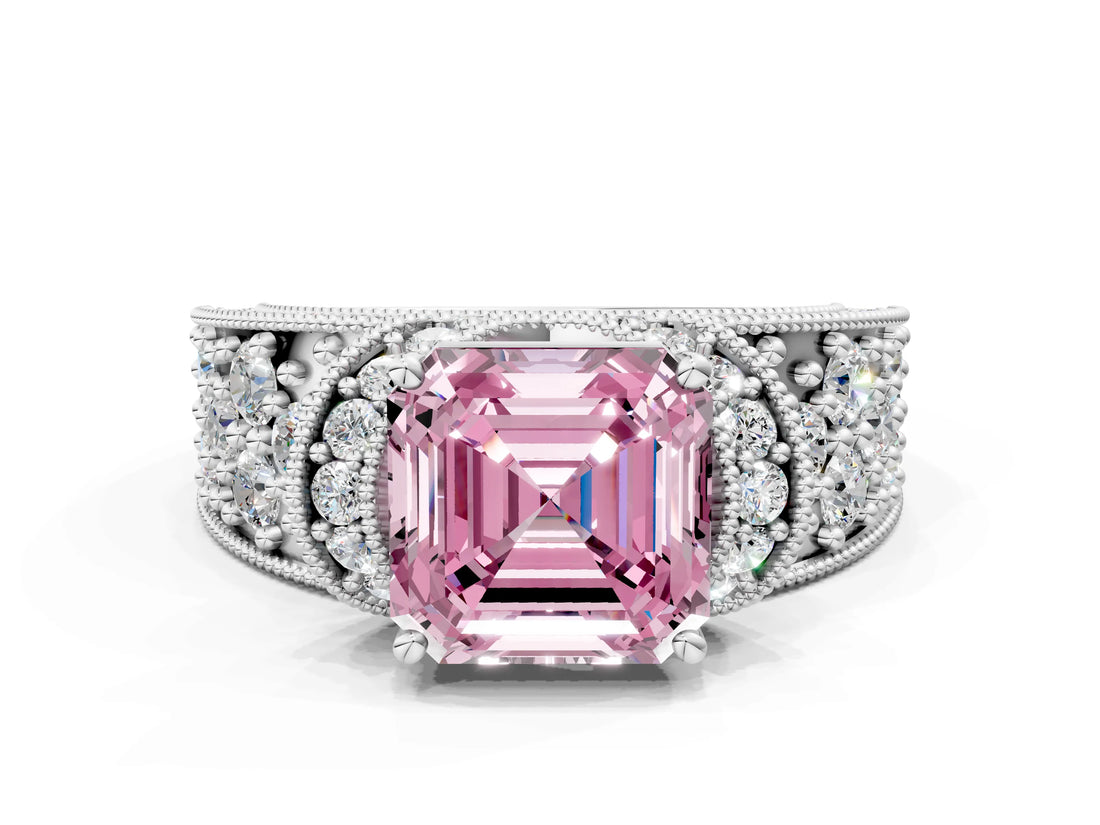 White gold Fancy Pink Asscher  Halo Pave Diamond Engagement Ring with Milgrain Detailing_45