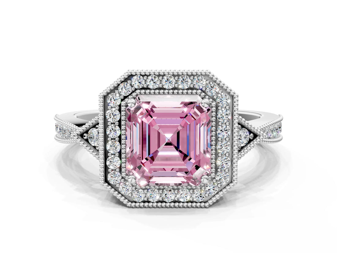 White gold Fancy Pink Asscher  Halo Round Diamond Milgrain Pave Engagement Ring_3