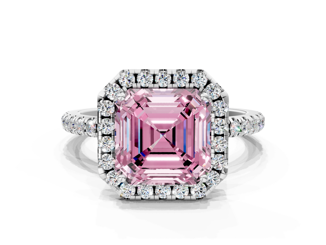 White gold Fancy Pink Asscher  Halo Round Diamond Pavé Band Four-Prong Ring_3