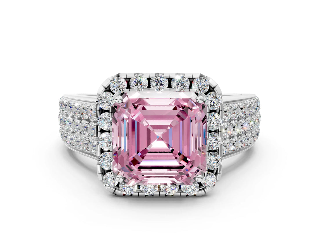 White gold Fancy Pink Asscher  Halo Round Diamond Pave Band with Prong Setting_24