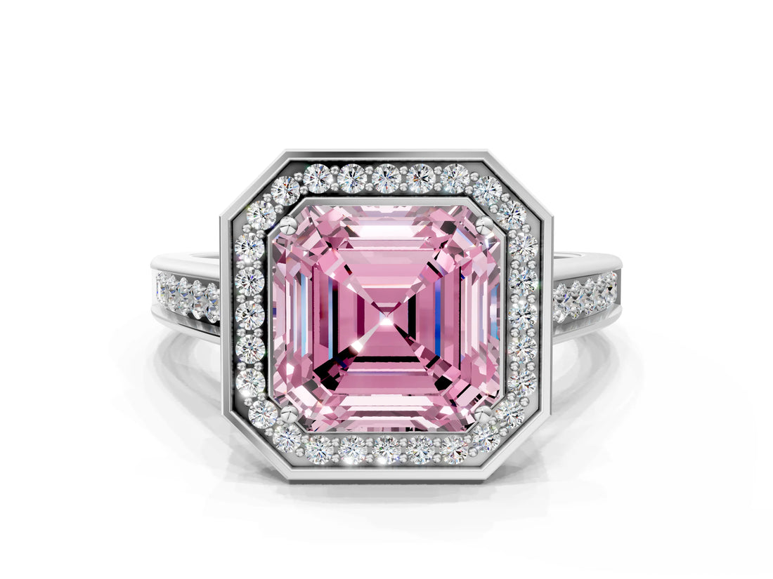 White gold Fancy Pink Asscher  Halo Solitaire Diamond Ring with Pave Band and Bezel Setting_41