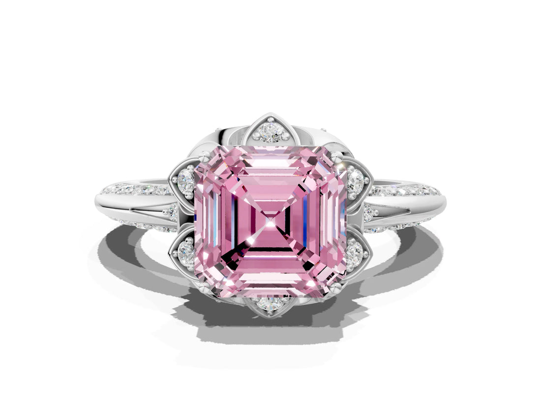 White gold Fancy Pink Asscher  Halo Split Shank Pave Diamond Ring with Petal Prong Setting_32