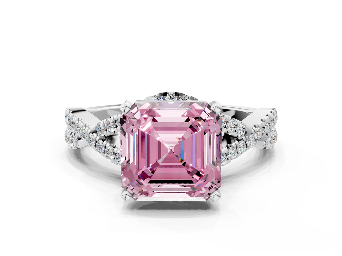 White gold Fancy Pink Asscher  Halo Twist Band Solitaire Prong Setting Ring