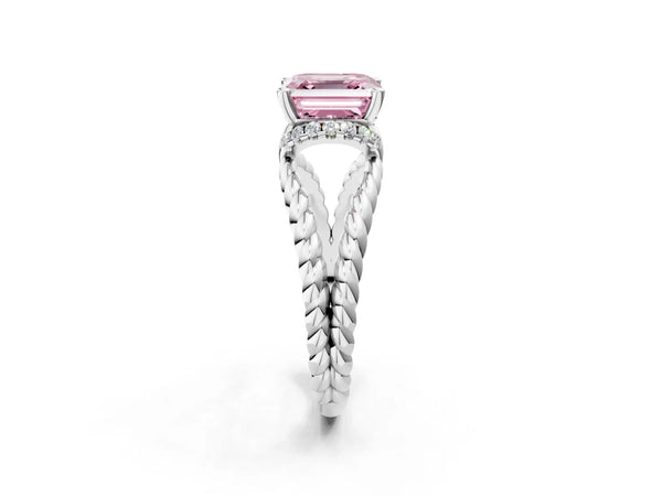 Platinum Asscher Cut Engagement Ring Setting for Fancy Pink Center with Rope Split Shank