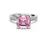 White gold Fancy Pink Asscher  Milgrain Pave Diamond Engagement Ring with Four-Prong Setting