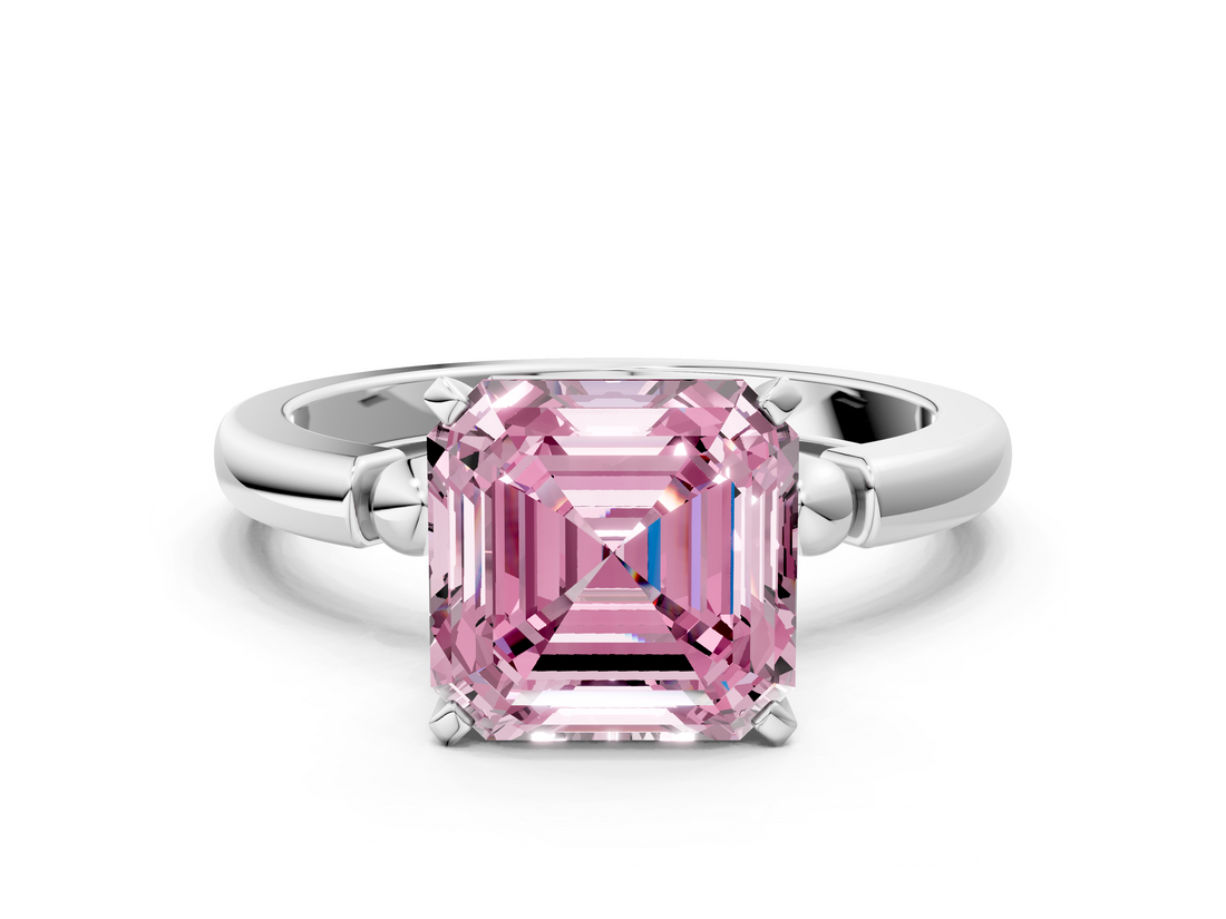 White gold Fancy Pink Asscher  Solitaire Beaded Band with Four-Prong Setting