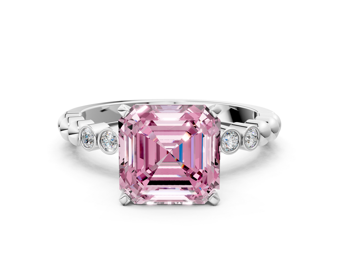 White gold Fancy Pink Asscher  Solitaire Bezel Accent Diamond Engagement Ring with Beaded Band and Four-Prong Setting