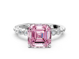 White gold Fancy Pink Asscher  Solitaire Bezel Accent Diamond Engagement Ring with Beaded Band and Four-Prong Setting