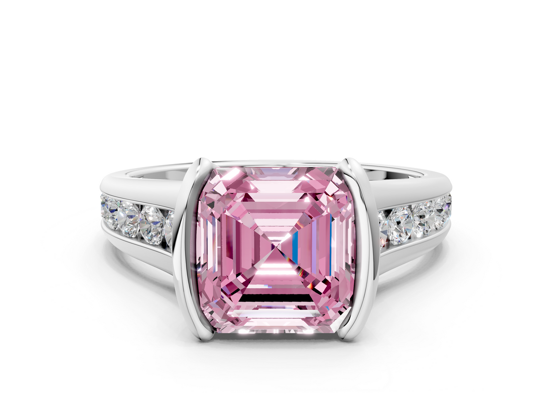 White gold Fancy Pink Asscher  Solitaire Bezel-Set Diamond Ring with Channel-Set Band_16