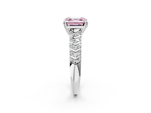White Gold Asscher Cut Chevron Pave Solitaire Engagement Ring Setting for Fancy Pink Center