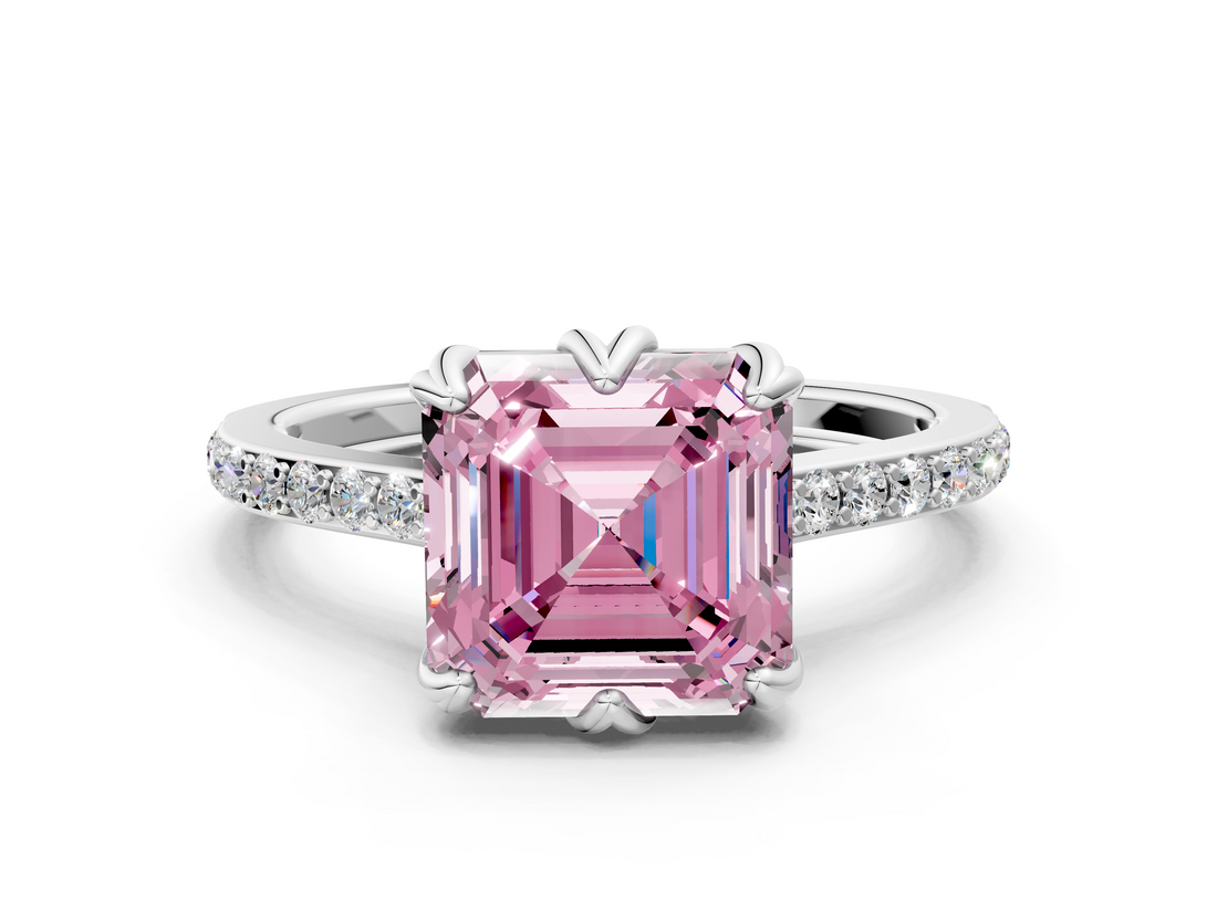 White gold Fancy Pink Asscher  Solitaire Diamond Engagement Ring with Pave Band and Six-Prong Setting