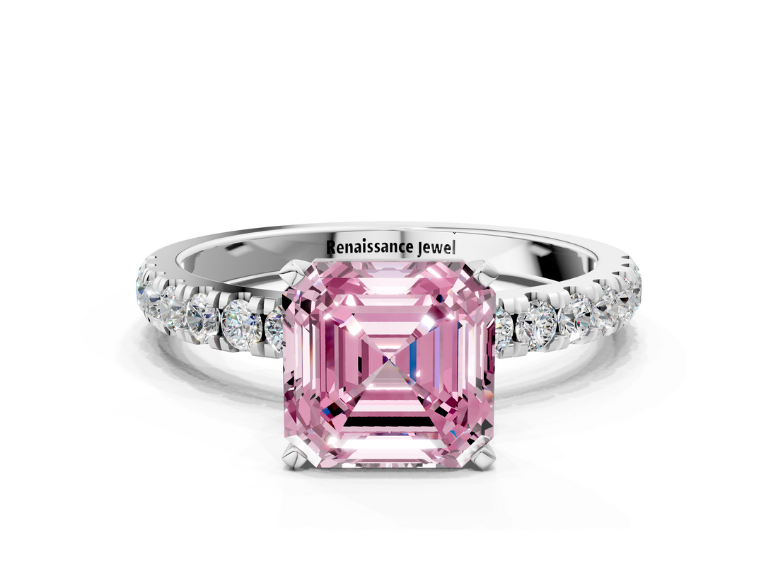 White gold Fancy Pink Asscher  Solitaire Diamond Pavé Band with Four-Prong Setting