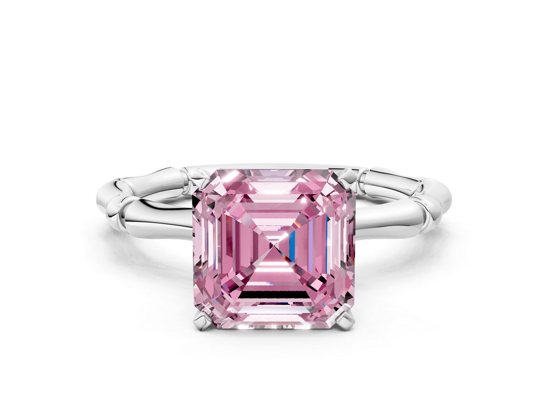 White gold Fancy Pink Asscher  Solitaire Diamond Ring with Bamboo Band and Four-Prong Setting_17