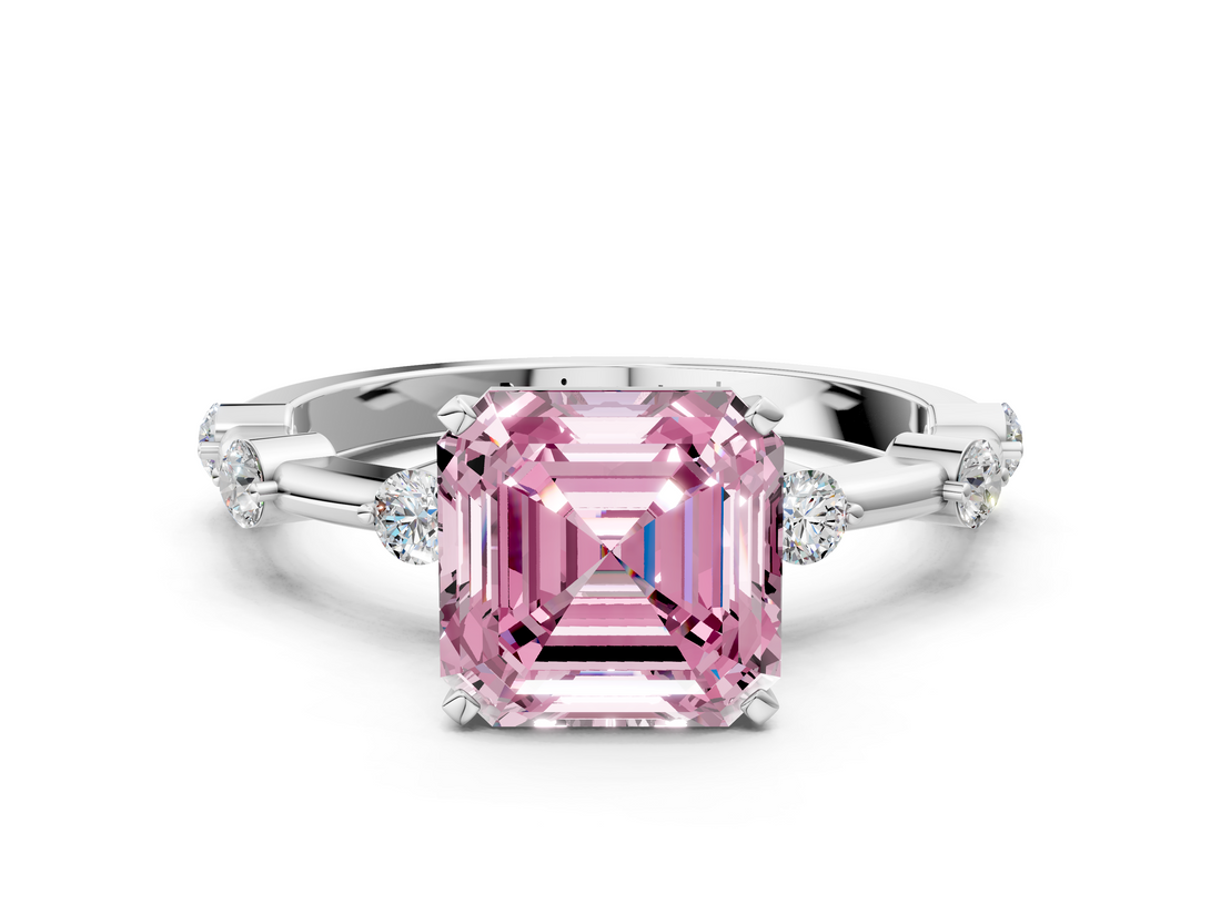White gold Fancy Pink Asscher  Solitaire Diamond Ring with Bezel Set Side Stones and Prong Setting