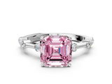 White gold Fancy Pink Asscher  Solitaire Diamond Ring with Bezel Set Side Stones and Prong Setting