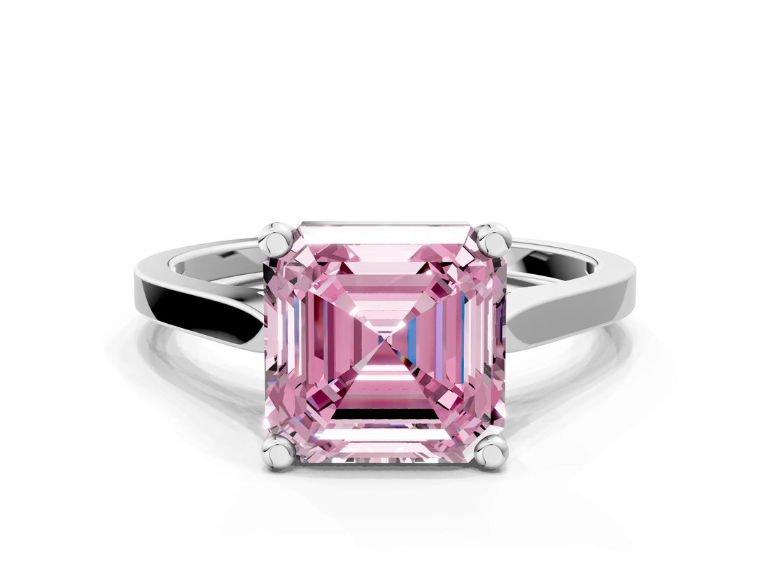 White gold Fancy Pink Asscher  Solitaire Diamond Ring with Four-Prong Setting and Tapered Band