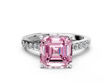 White gold Fancy Pink Asscher  Solitaire Diamond Ring with Pavé Band and Four-Prong Setting