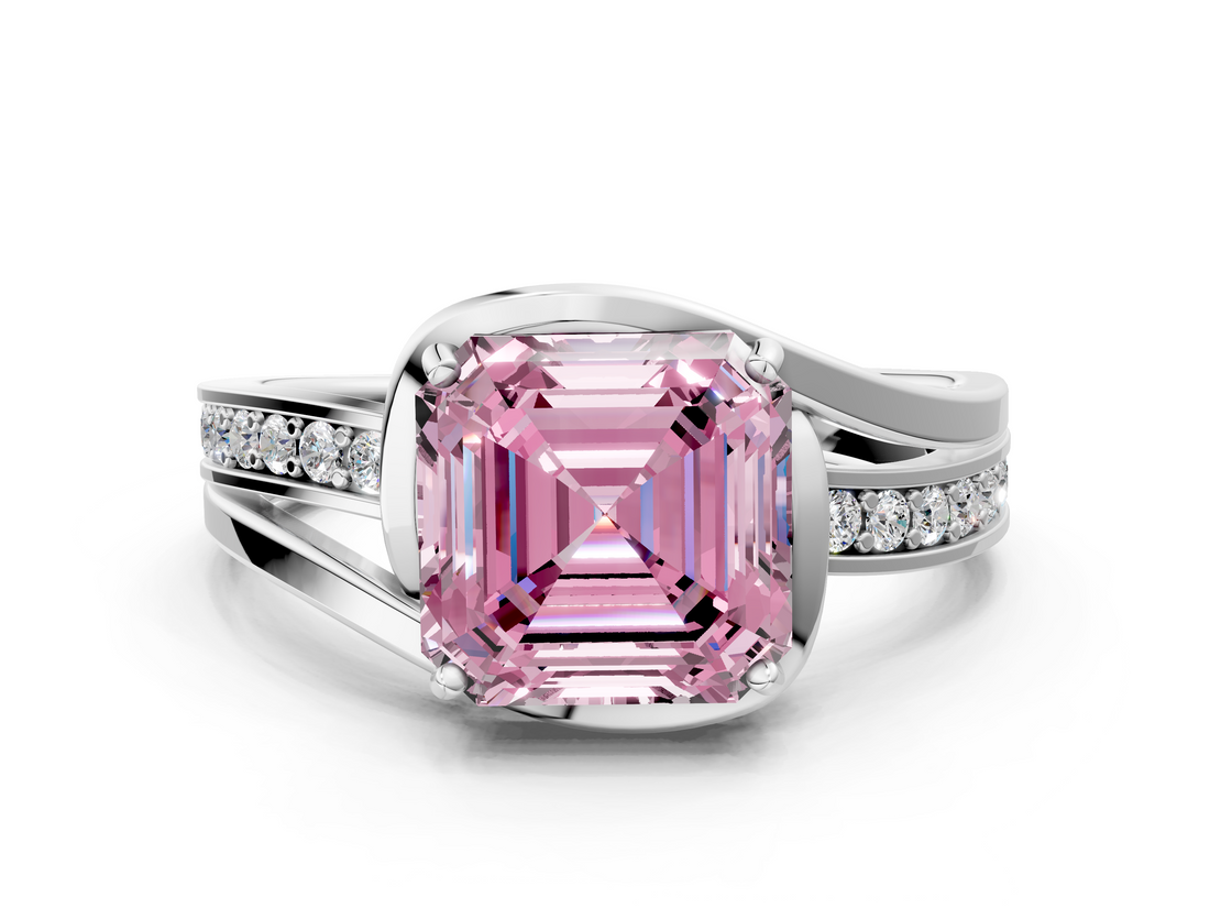 White gold Fancy Pink Asscher  Solitaire Diamond Ring with Split Shank and Prong Setting