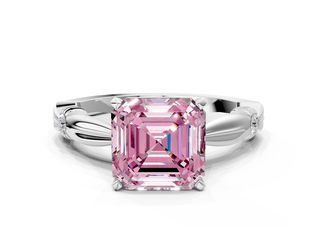 White gold Fancy Pink Asscher  Solitaire Diamond Twisted Band with Four-Prong Setting