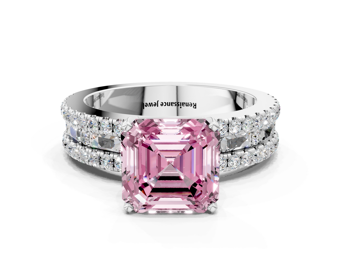 White gold Fancy Pink Asscher  Solitaire Diamond with Pave and Channel Set Band_12