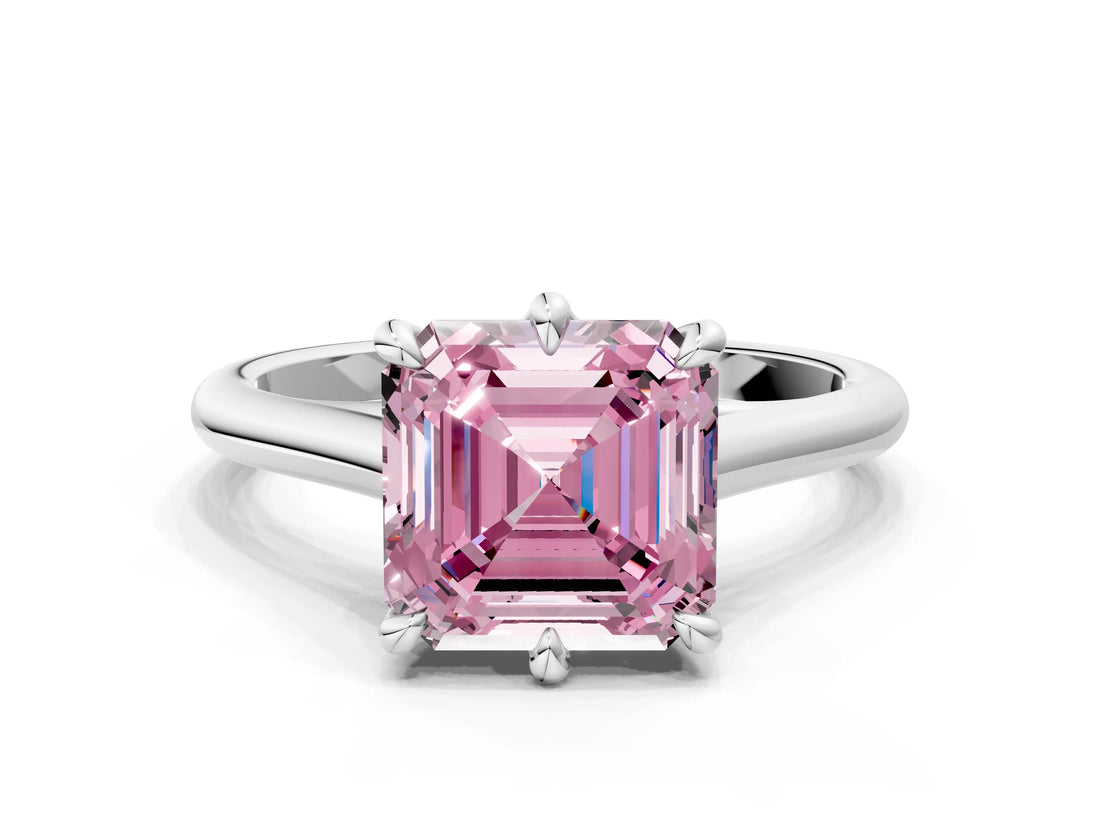 White gold Fancy Pink Asscher  Solitaire Engagement Ring with Six-Prong Setting and Classic Band