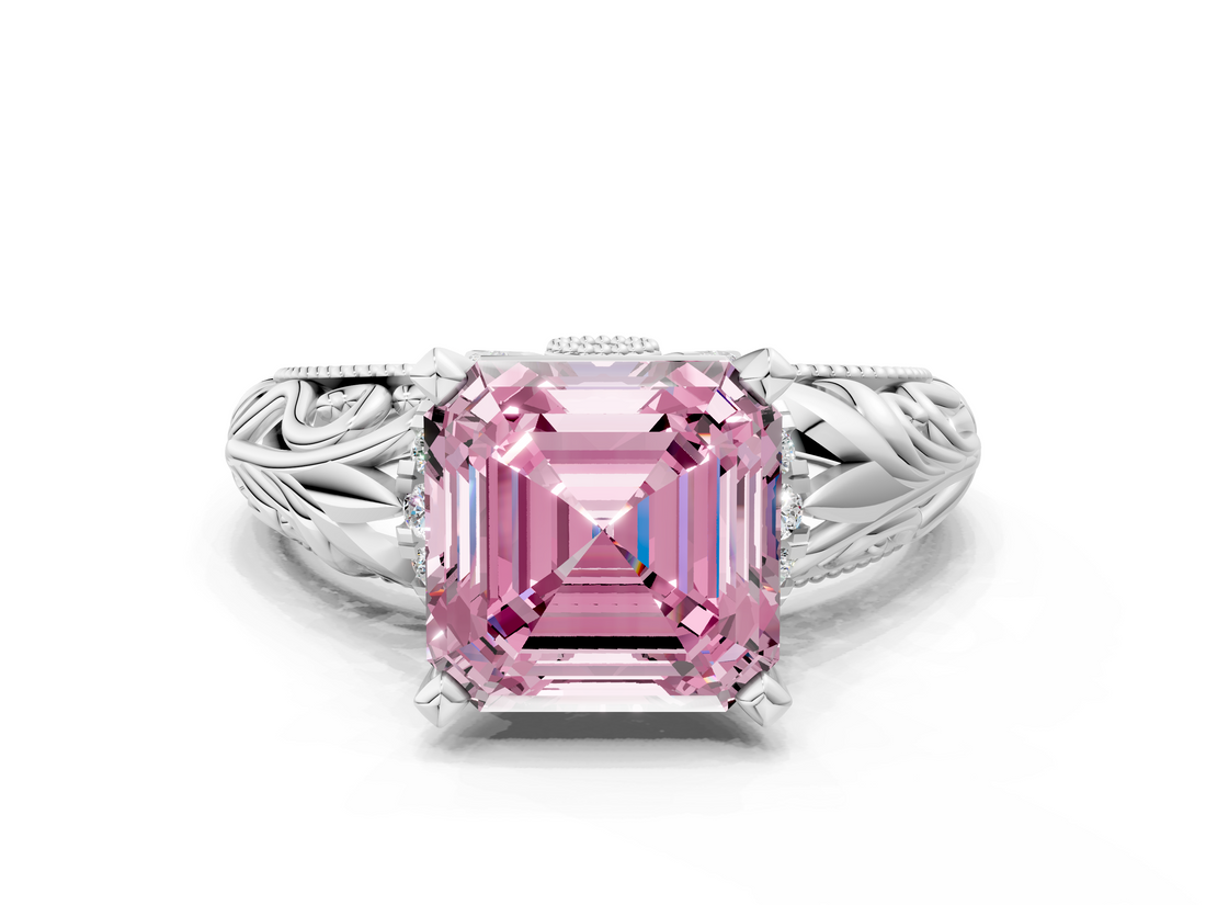 White gold Fancy Pink Asscher  Solitaire Filigree Engagement Ring with Halo and Prong Setting_18