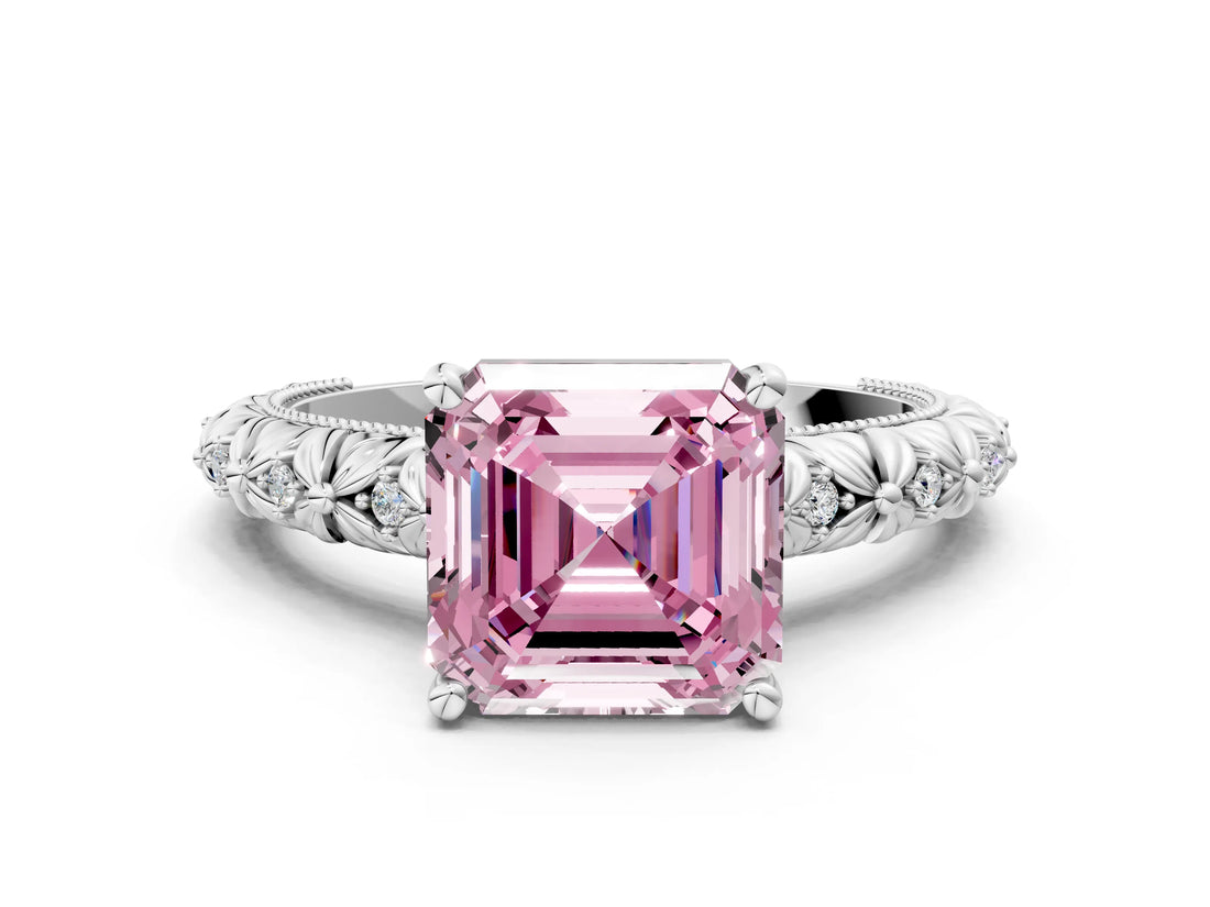 White gold Fancy Pink Asscher  Solitaire Floral Milgrain Engagement Ring_31