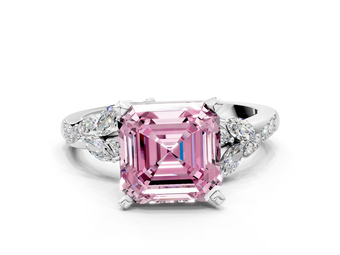 White gold Fancy Pink Asscher  Solitaire Marquise Twist Band with Six-Prong Setting