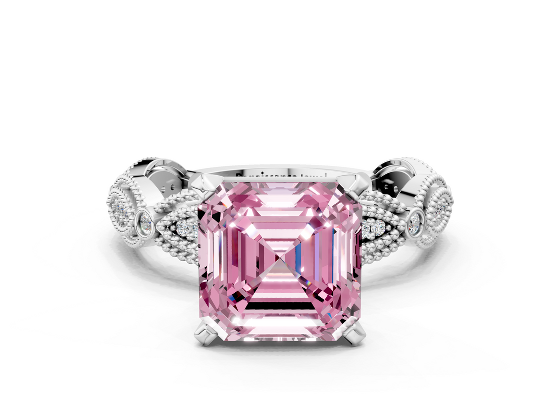 White gold Fancy Pink Asscher  Solitaire Milgrain Diamond Engagement Ring with Bezel and Marquise Band