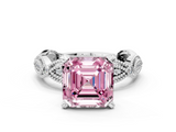 White gold Fancy Pink Asscher  Solitaire Milgrain Diamond Engagement Ring with Bezel and Marquise Band
