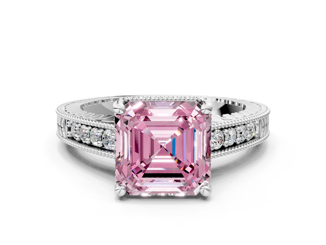 White gold Fancy Pink Asscher  Solitaire Pavé Diamond Milgrain Engagement Ring with Four-Prong Setting
