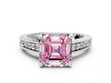 White gold Fancy Pink Asscher  Solitaire Pavé Diamond Milgrain Engagement Ring with Four-Prong Setting