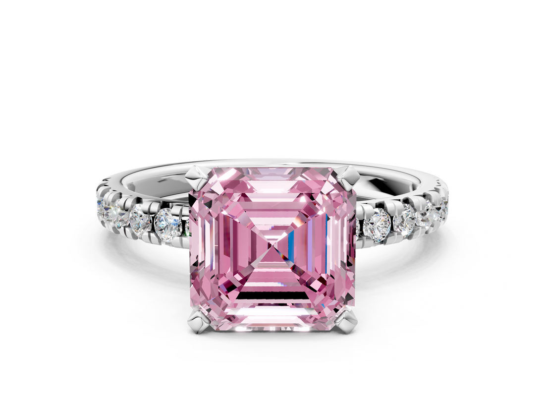 White gold Fancy Pink Asscher  Solitaire Pave Diamond Engagement Ring with Four-Prong Setting