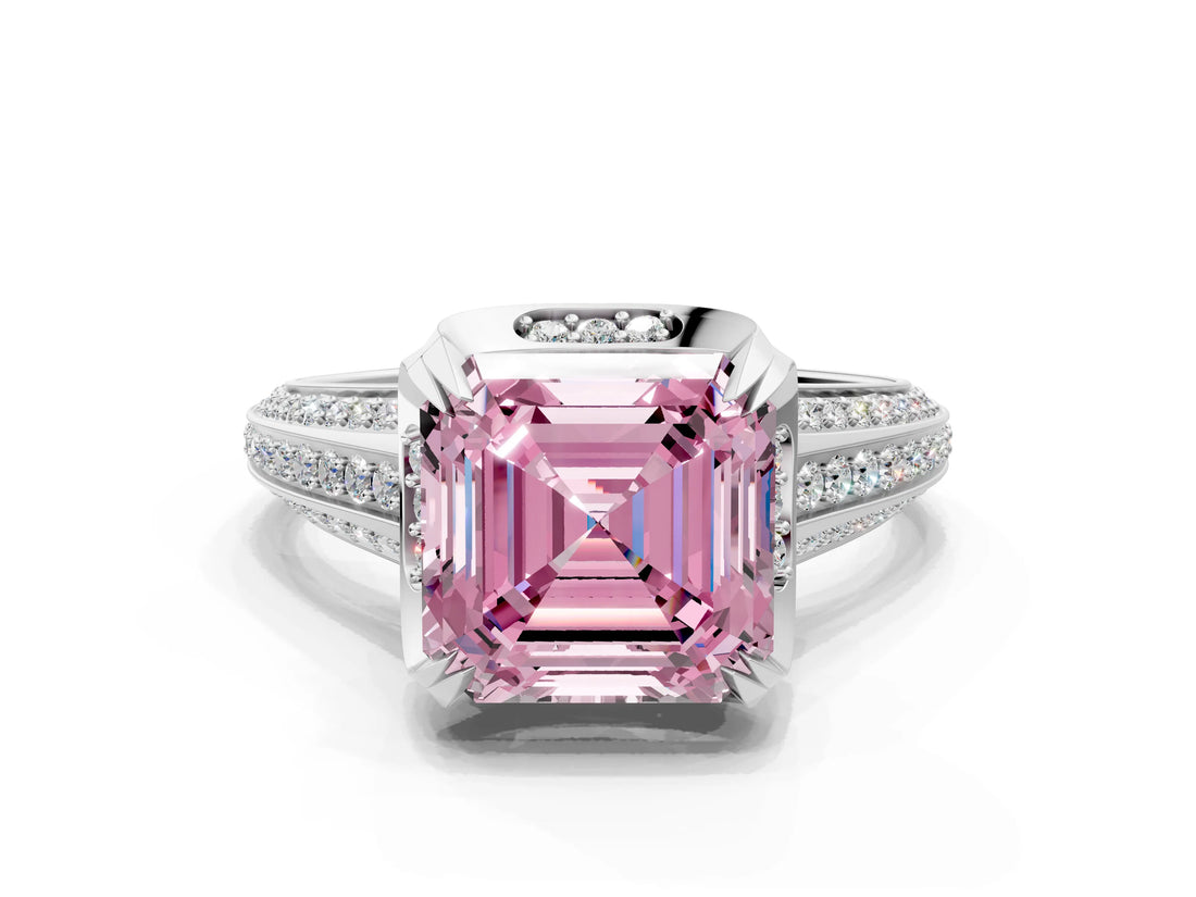 White gold Fancy Pink Asscher  Solitaire Pave Split Shank Ring with Four-Prong Setting_93