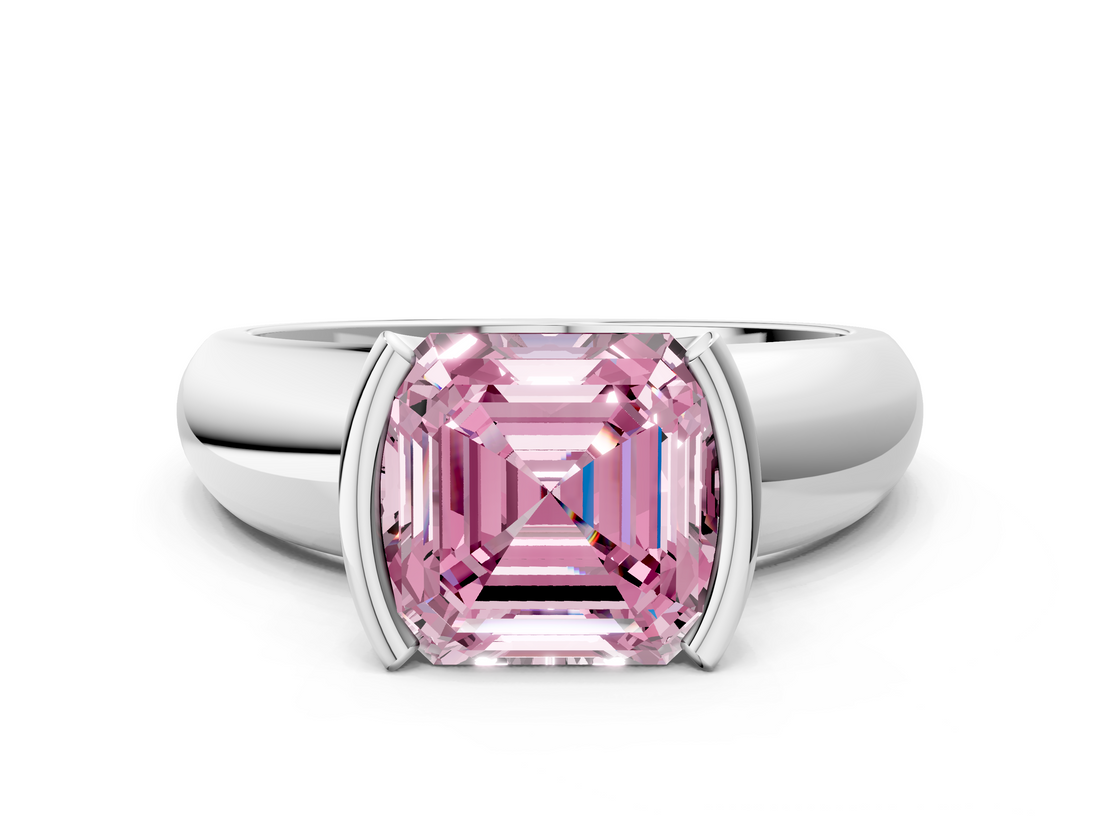 White gold Fancy Pink Asscher  Solitaire Tension Set Diamond Ring with Wide Band_37