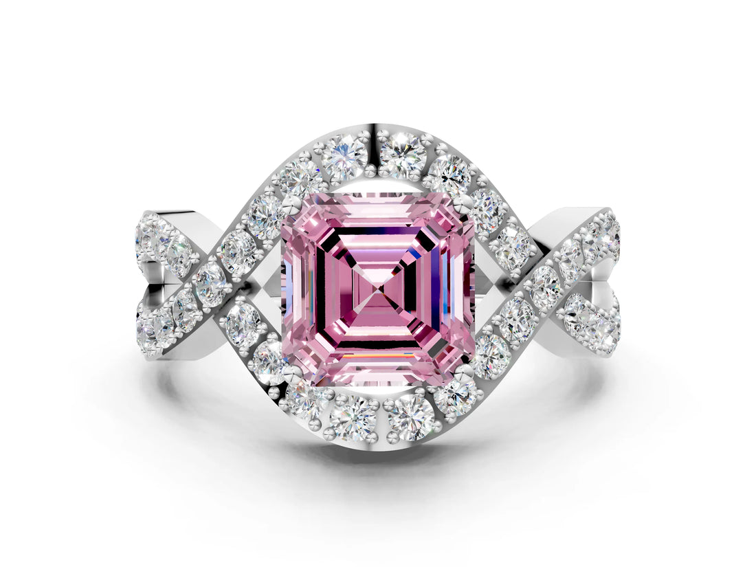White gold Fancy Pink Asscher  Solitaire Twist Band Pavé Diamond Engagement Ring_15