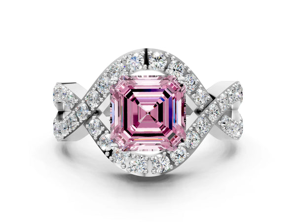 Sterling Silver Asscher Cut Infinity Twist Pave Engagement Ring Setting for Fancy Pink Center
